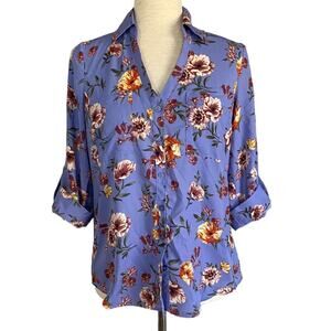 IZ BYER Purple Floral Button Down Blouse Size XS Spring Business Casual NWOT